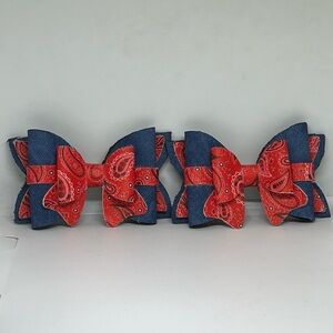 Country Denim Bandana Faux Leather Hair Bow Set of 2